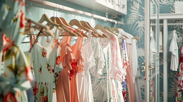 Assorted dresses displayed on hangers in a clothing showroom. Fashionable womens closet with summer attire.