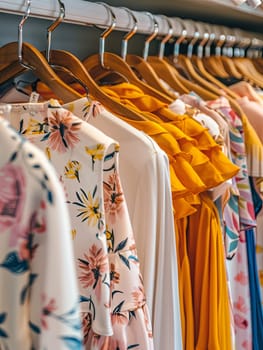 Fashionable womens closet wallpaper with summer dresses and shirts hanging on a rail.