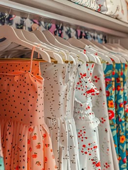 Collection of fashionable womens dresses and shirts hanging on a rack in a summer closet.