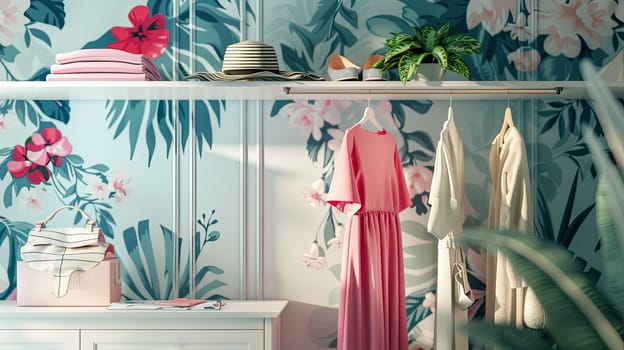 Stylish room featuring a floral wallpaper and a white dresser with fashionable womens clothing displayed.