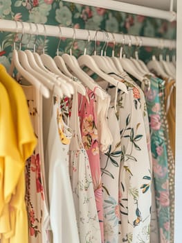 A variety of dresses and shirts are neatly hung on a rack in a stylish womens clothing showroom.