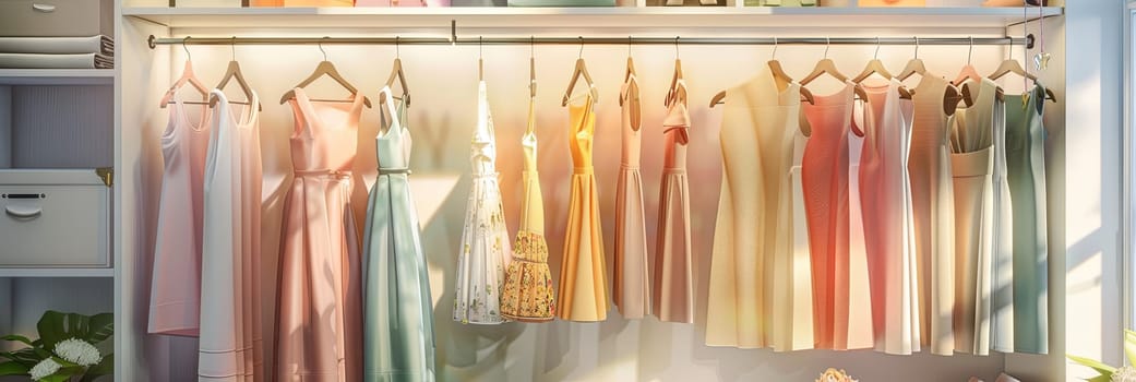 A closet filled with different colored dresses and shirts on hangers, showcasing a fashionable womens clothing showroom concept.