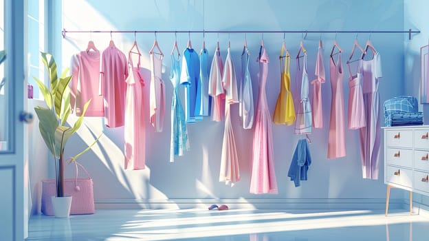 A room filled with colorful dresses and shirts hanging on a line, creating a stylish and creative concept for a designer clothing showroom.