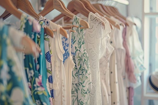 Fashionable womens closet with summer dresses and shirts hanging on rack next to window.