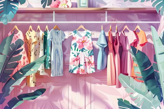 Bunch of clothes hanging on a rack in a summer closet, featuring dresses and shirts on hangers. Creative concept of a womens clothing showroom.