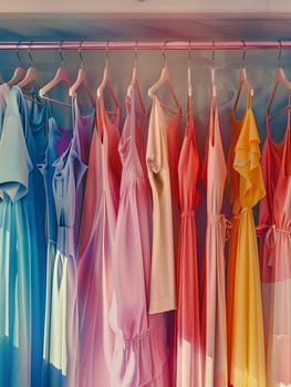 Various stylish dresses hanging neatly on display rack in a womens clothing showroom.