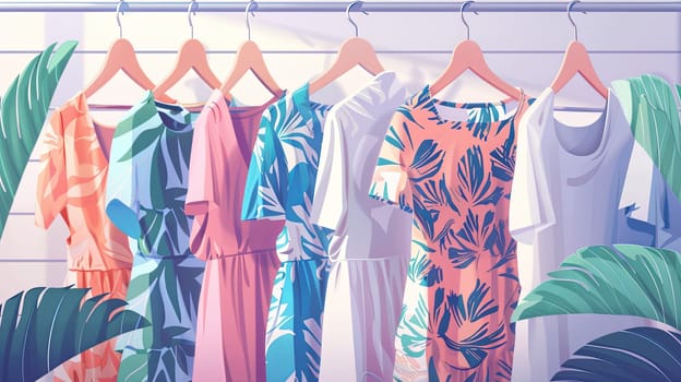 Collection of summer dresses and shirts displayed on hangers in a fashionable womens closet. Creative concept for a clothing showroom.