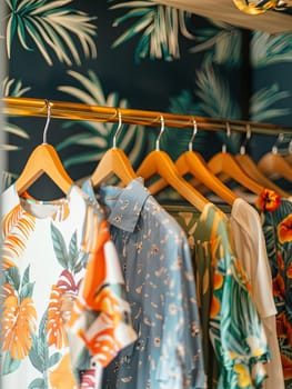 Variety of colorful shirts displayed on a clothing rack in a fashionable womens closet.