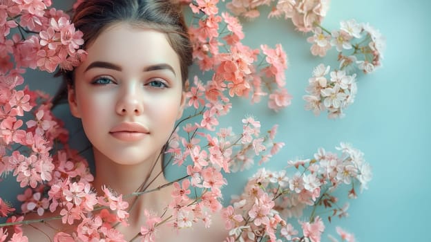 close-up of the Model's face in pink flowers on a blue background.