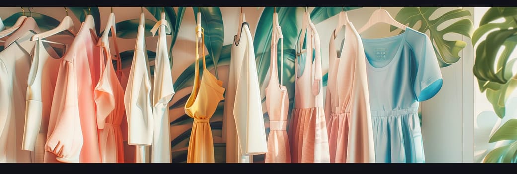 Collection of fashionable womens dresses and shirts hanging on a rack in a summer closet.