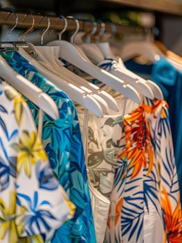 Colorful shirts neatly hung on a rack in a fashionable womens closet showroom.