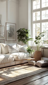 A cozy living room in a house with a comfortable couch, beautiful rug, stylish table, and vibrant potted plants for a touch of nature in the interior design