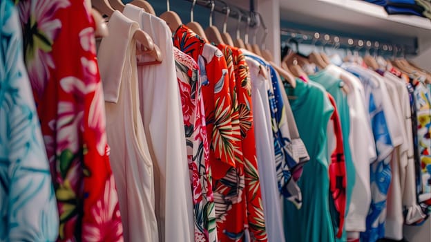 A rack displaying a variety of colorful dresses and shirts hanging on a wall in a fashionable womens closet.