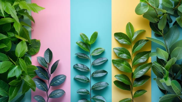 Green plants on a multicolored background . Environmental background design.