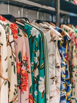 Display of fashionable shirts on hangers in a womens clothing showroom, part of a summer closet concept.