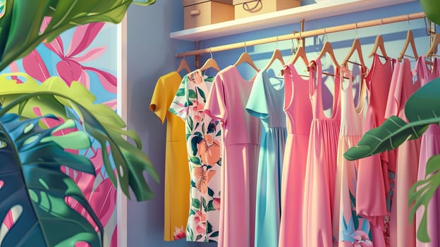 Various dresses and shirts hanging on a rack in a fashionable womens closet. Summer wardrobe display in a designer dress store.