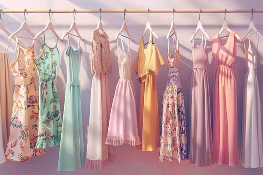 Dresses and shirts hanging on a clothes line in a fashionable womens closet wallpaper.