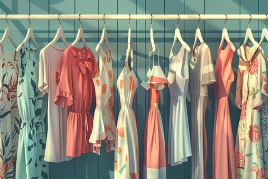 Variety of stylish dresses and shirts hanging on hangers in a summer closet. Creative concept for a designer dresses store.