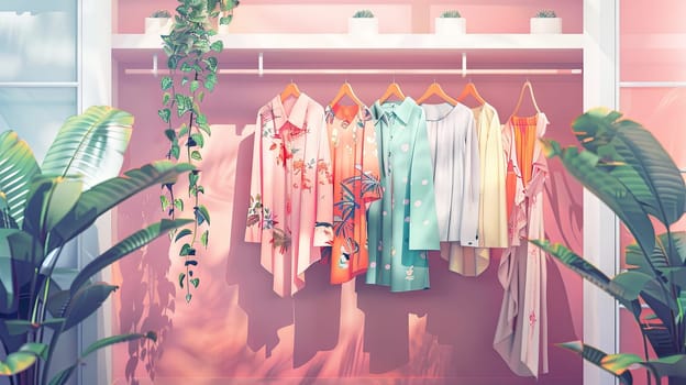 A room filled with dresses and shirts hanging on a rack in a fashionable womens closet.