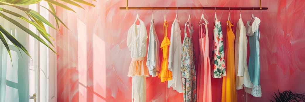 Display of fashionable womens clothing on hangers against a pink wall in a clothing store.