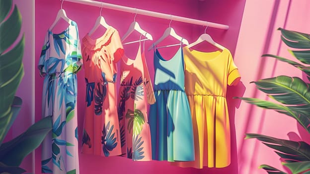 Fashionable womens closet wallpaper featuring a rack of colorful dresses and shirts hanging on a pink wall.