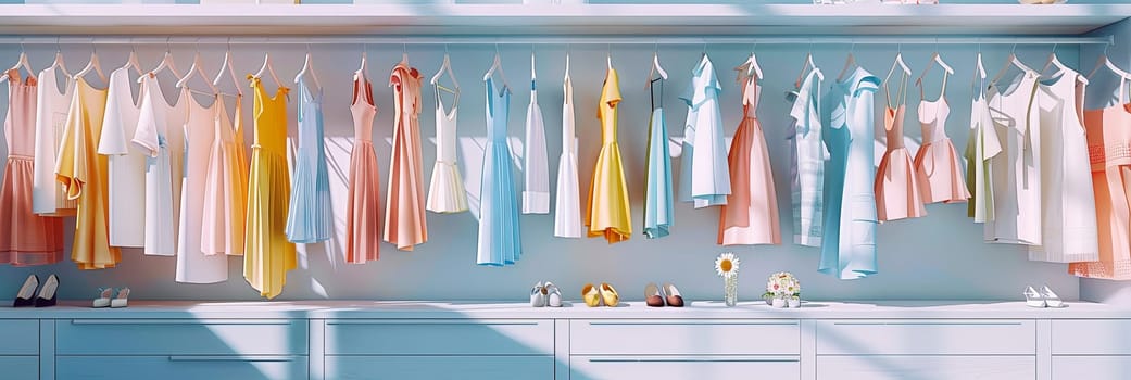 A room filled with fashionable womens summer dresses and shirts hanging on racks.