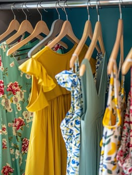 Dresses and shirts hang on a clothing rack in a well-organized fashion.