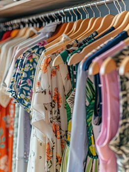 A variety of shirts hanging neatly on a clothes rack in a fashionable womens closet.