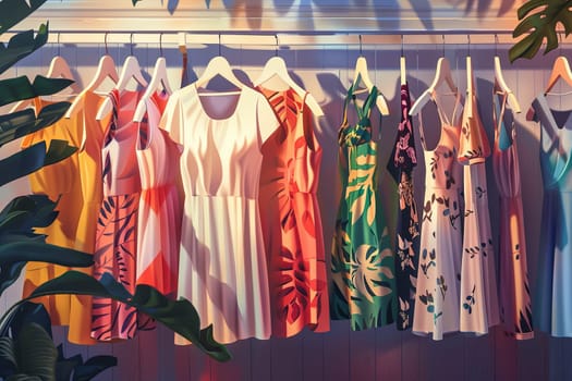 Various dresses and shirts hanging on a clothes line in a summer closet, creating a fashionable display.