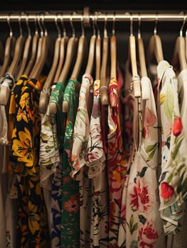 Assortment of vibrant scarves hanging neatly on a rack. Bright and eye-catching display of scarves in a clothing showroom.