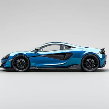 A sleek blue sports car with black alloy wheels contrasting against a white background, showcasing automotive design and lighting elements