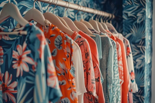 Collection of vibrant shirts hanging on a wall in a fashionable womens closet. Creative concept for a designer clothing showroom.