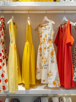 Various dresses and shirts neatly arranged on a shelf in a fashionable womens closet, showcasing summer attire.