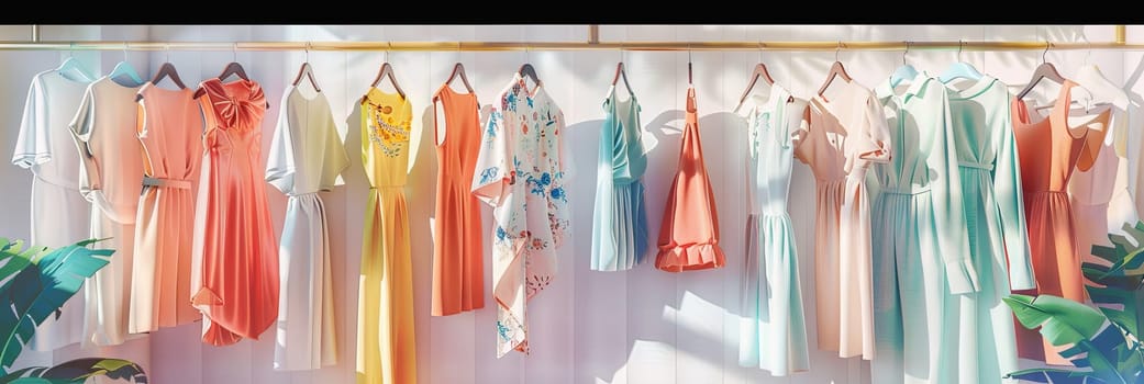 Assorted dresses and shirts hanging on display in a fashionable womens closet as a creative concept for a designer clothing showroom.