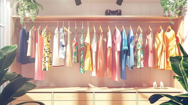 Fashionable clothing rack with a variety of shirts hanging. Creative concept of womens clothing showroom.