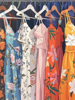 Various fashionable summer dresses and shirts neatly arranged on hangers in a creative concept of a womens clothing showroom.
