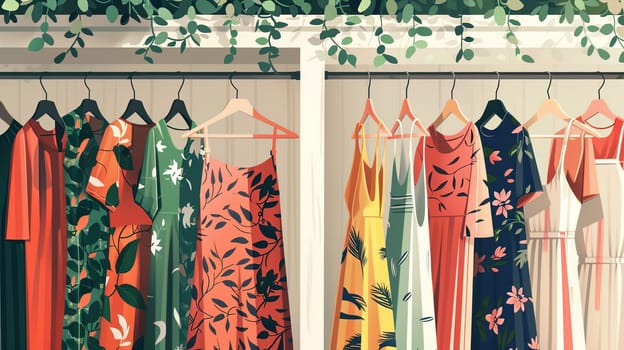 Assorted dresses and shirts hanging on a rack in a fashionable womens closet, portraying a creative concept of a designer dresses store.