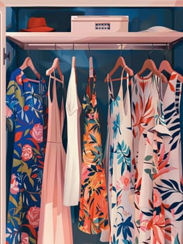 Various dresses and shirts hang neatly on a rack in a fashionably curated womens clothing showroom.