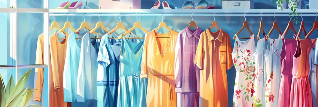 A rack displaying a variety of colorful dresses in a room setting, showcasing a fashion-forward and vibrant collection.