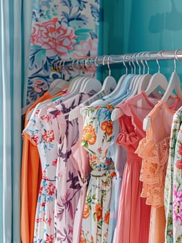 A rack filled with designer dresses and shirts hanging on a wall, creating a fashionable and creative display in a womens clothing showroom.