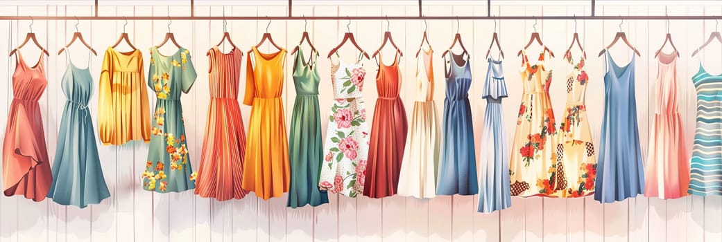 Row of dresses and shirts hanging on a wall, part of a fashionable womens closet wallpaper. Creative concept for a designer dresses store.