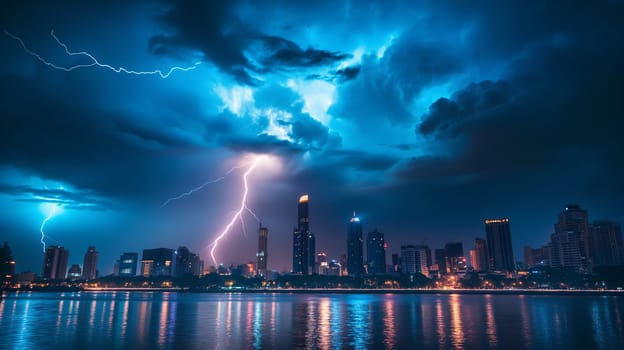A city skyline is illuminated by lightning strikes during a stormy night, casting dramatic flashes of light against dark clouds - Generative AI