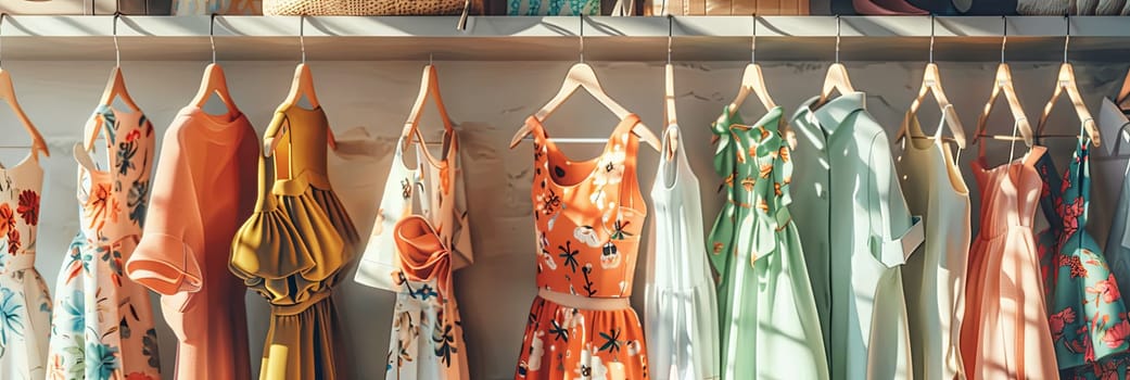 Display of various dresses and shirts hanging on a rack in a fashionable womens closet. Creative concept for a designer clothing showroom.