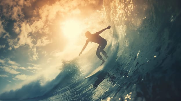 A silhouette of a surfer expertly rides a wave, basking in the warm glow of the setting sun that reflects off the ocean spray - Generative AI