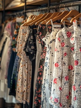 Rack of clothes hanging on a rail, showcasing summer dresses and shirts for a creative concept of a womens clothing showroom.