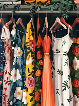 A variety of stylish dresses hanging on a rack in a summer closet. Creative concept of a womens clothing showroom.