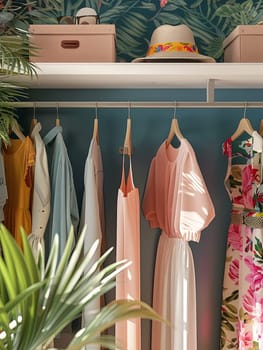 A closet filled with a variety of dresses and shirts on hangers, creating a colorful and diverse display of womens clothing.