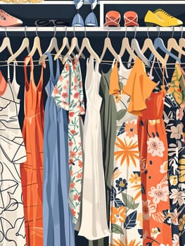 Collection of fashionable womens dresses and shirts hanging on a rack in a summer closet, creating a creative concept for a clothing showroom.