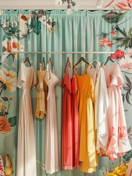 Various trendy dresses and shirts hanging on hangers in a womens clothing showroom.