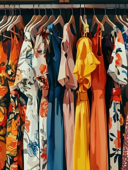 Collection of dresses and shirts displayed on hangers in a stylish womens clothing showroom.